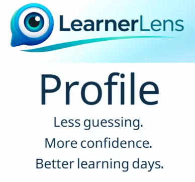 A LearnerLens profile card reading “Less guessing. More confidence. Better learning days.”