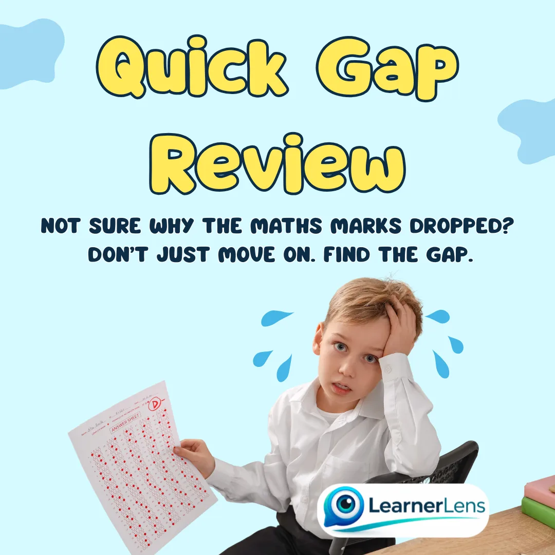A worried boy in a school shirt holding his head while showing a marked answer sheet covered in red
