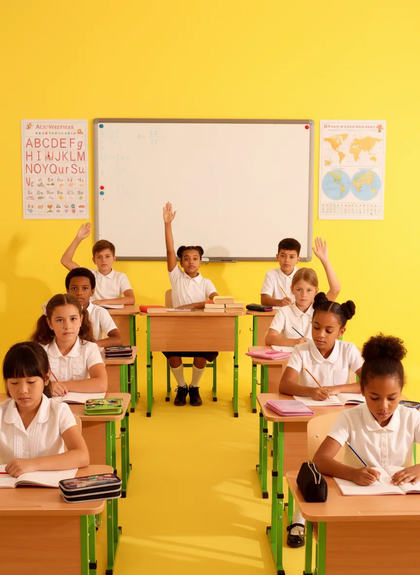 A bright classroom of South African learners with their hands raised