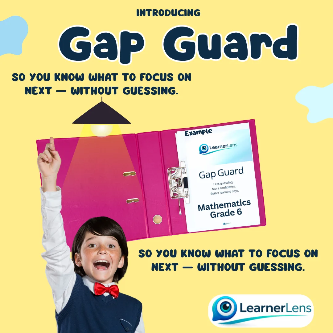 A delighted boy pointing upwards beside an open file holding an example Grade 6 Mathematics report