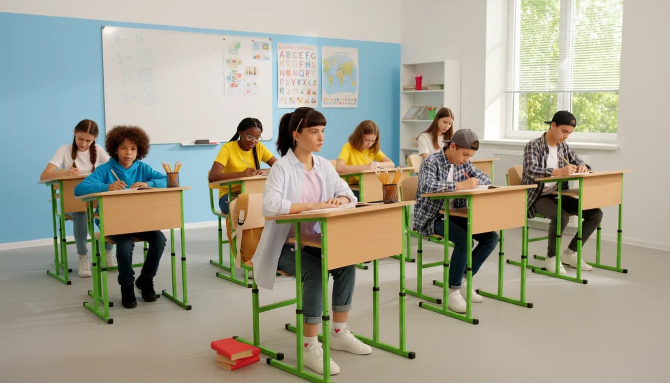 Learners writing at their desks in a sunlit classroom