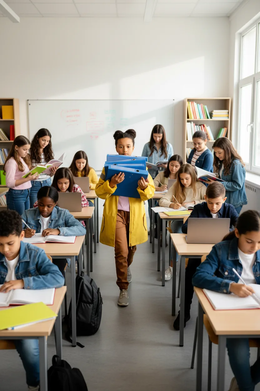 A learner in a yellow coat carrying a stack of blue files down the aisle of a busy classroom