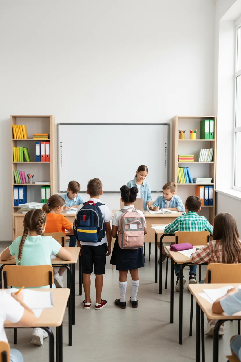 A teacher working with a small group of learners around a classroom table